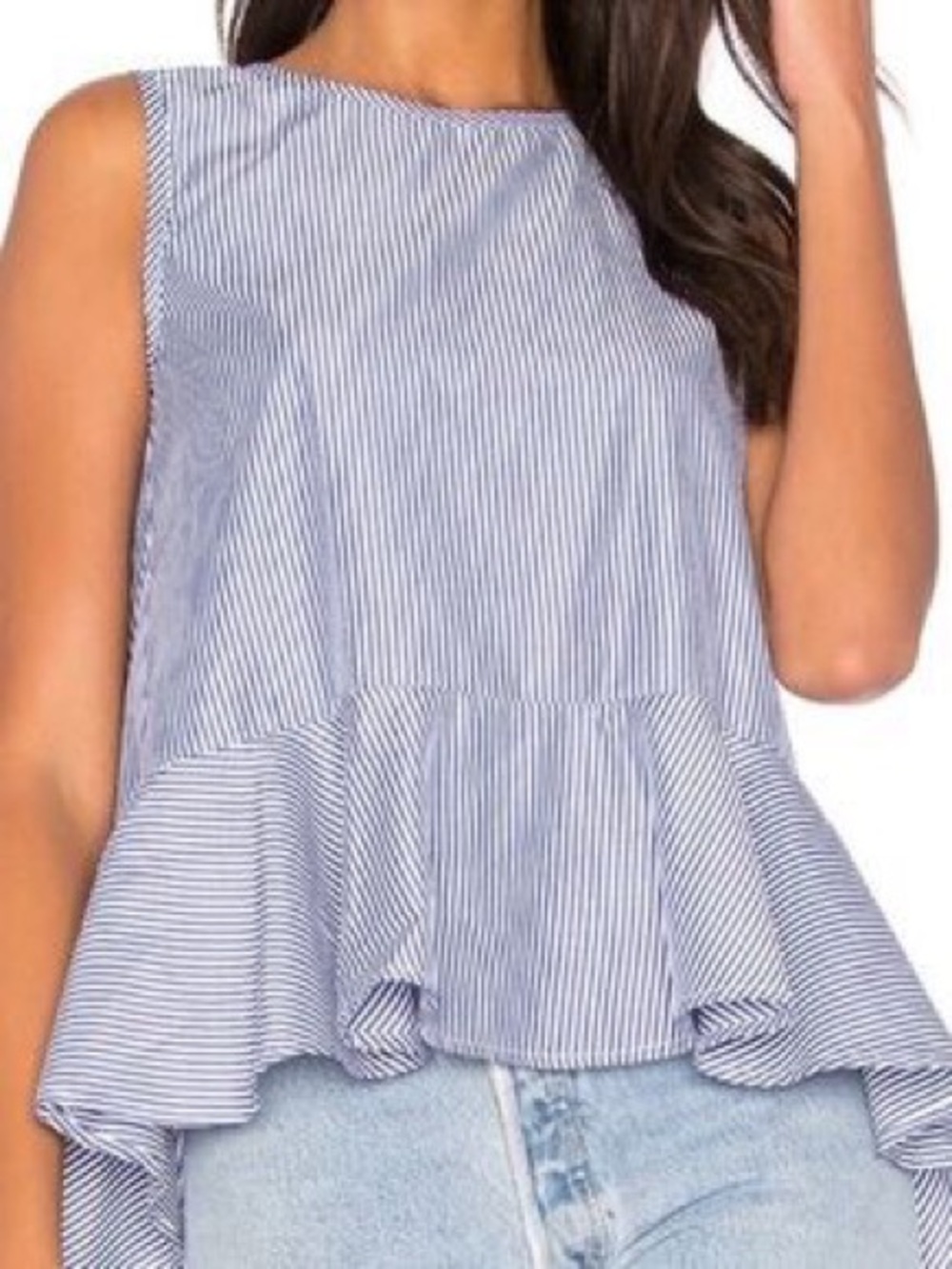 English Factory Blue & White Striped Sleevless Asymetrical Ruffle Hem Top Medium